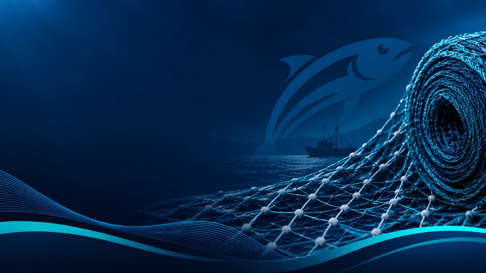 Commercial fishing net against a deep blue marine background