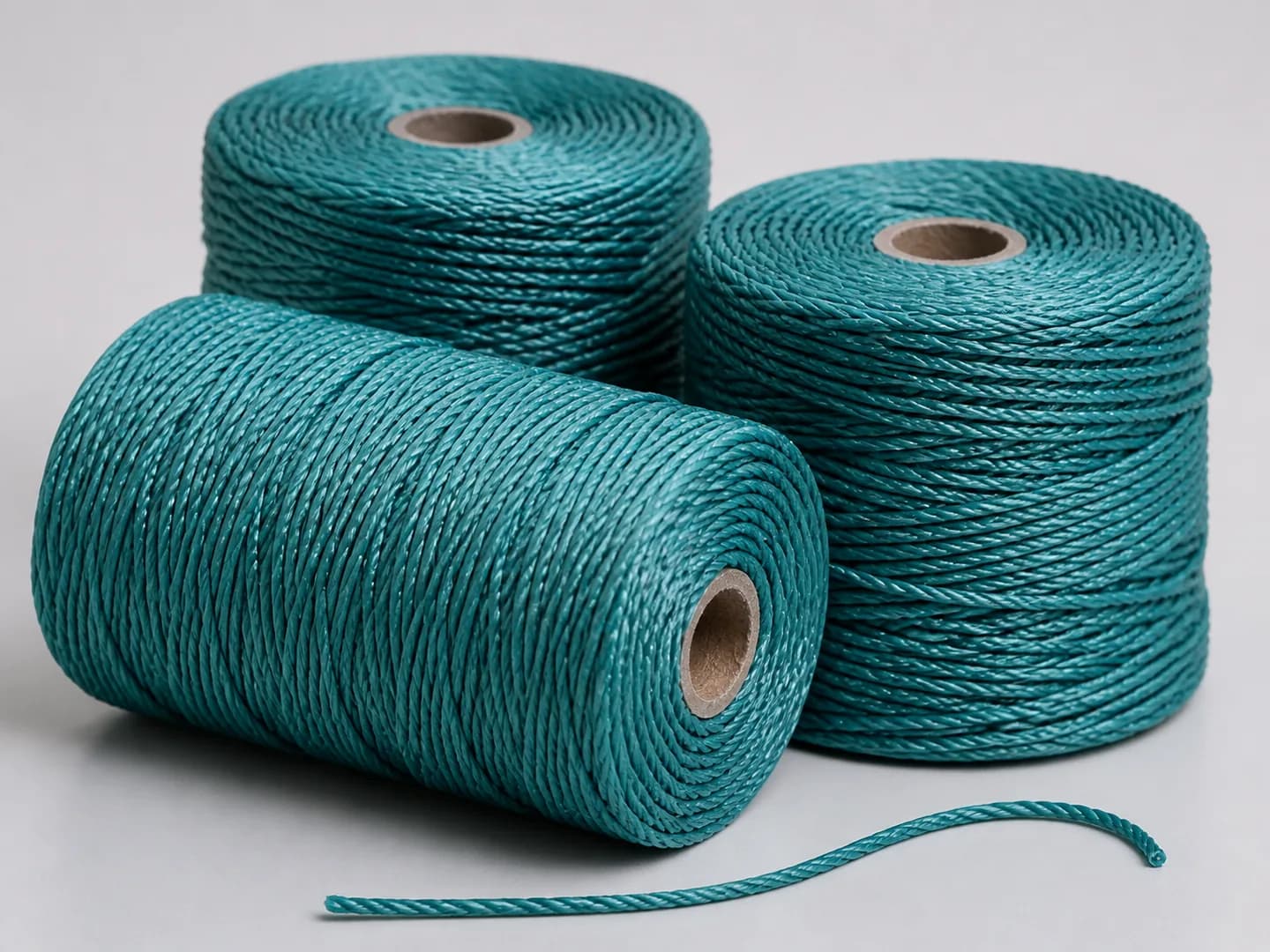 Blue-green PE fishing twine on industrial spools