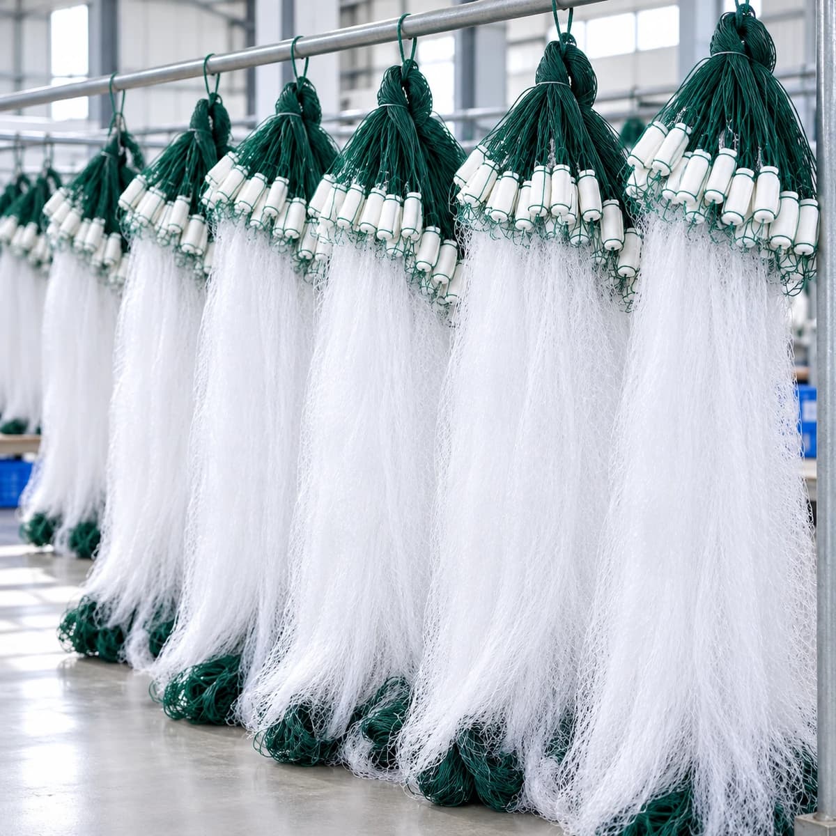 Finished white gill nets with green ropes and white floats hanging in rows